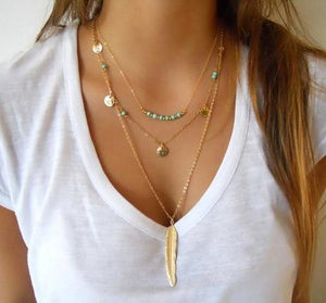 Multi Layer Beads Choker With Feather Pendant For Women