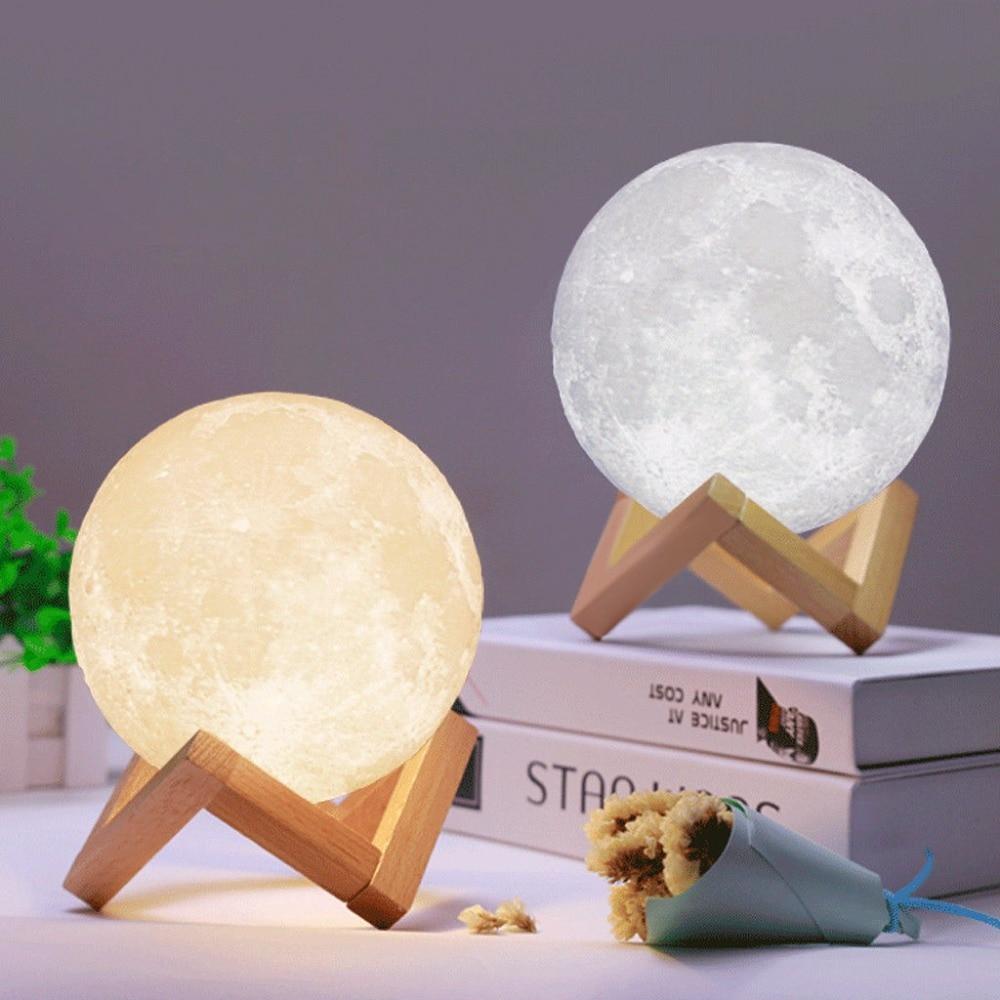 RECHARGEABLE 3D Print Moon Lamp LED Moonlight With Wooden Holder