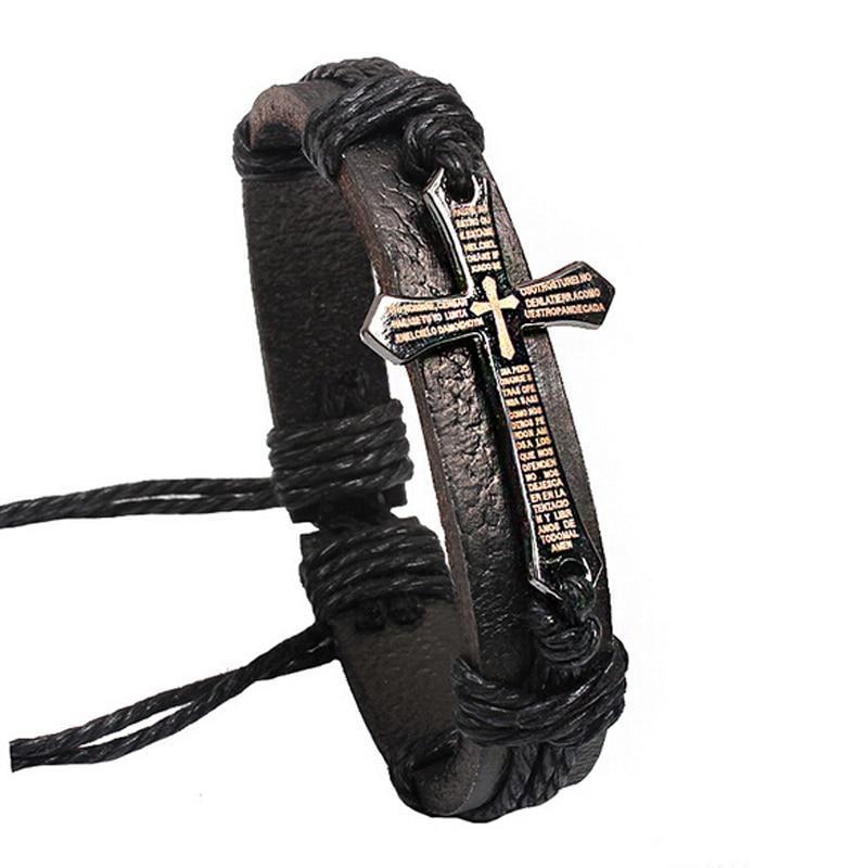 Vintage Metal Cross Jesus Leather Bracelet with Adjustable Wax Cord For Men